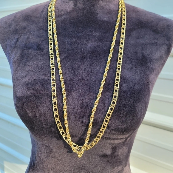 Double Necklace Gold Tone Chain Textured Link Long Unisex - Picture 2 of 8